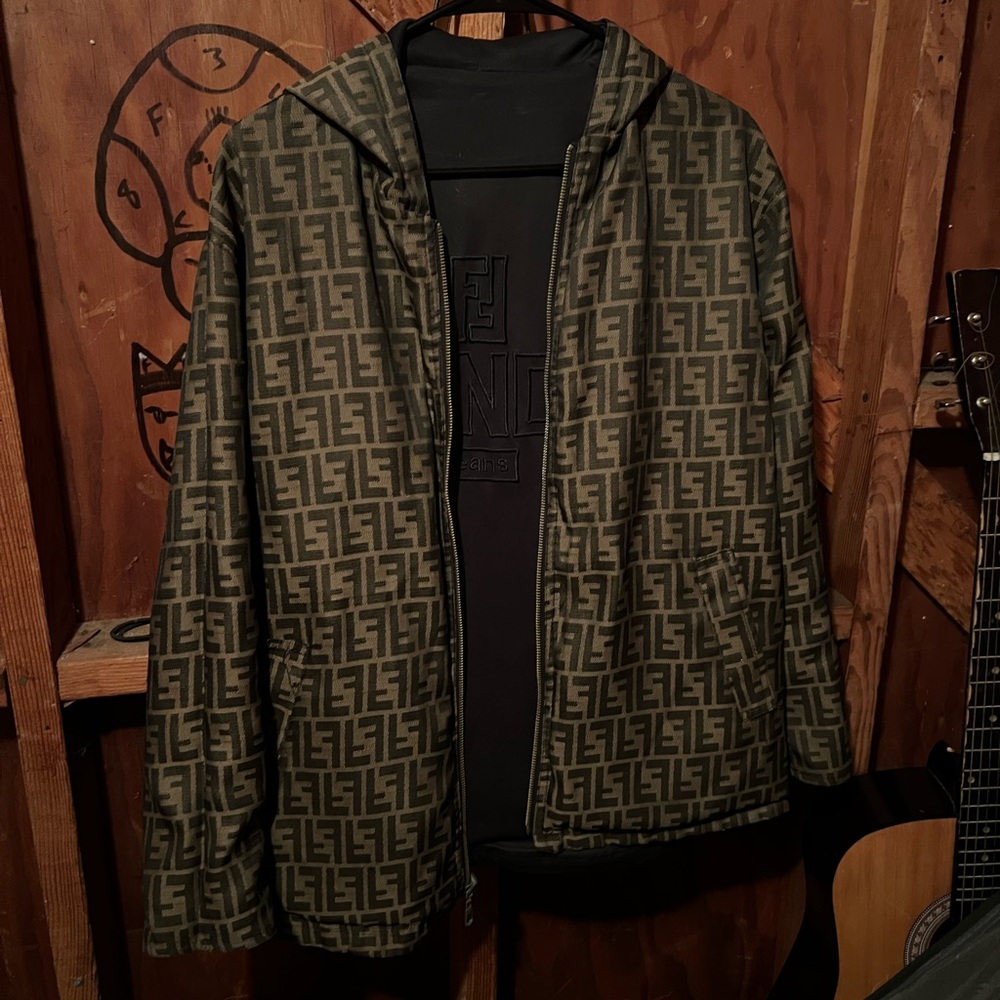 Vintage Men’s Fendi Reversible Black Brown Monogram FF Hooded Zip Jacket